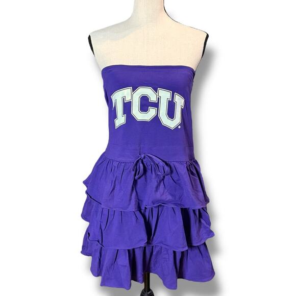 Y2K NOS TCU Mini Strapless Dress Womens Ruffled Layered Purple White Logo Size L - Picture 3 of 7